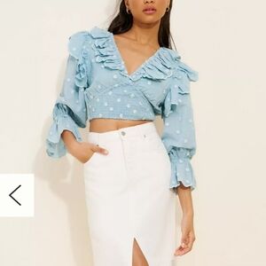 Anthropologie Hannah Lynn Blue Chambray Embroidered Smocked Crop Top, Size XL